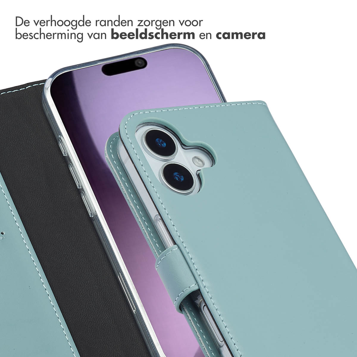 Close-up van een open telefoonhoesje met de telefoon erin.