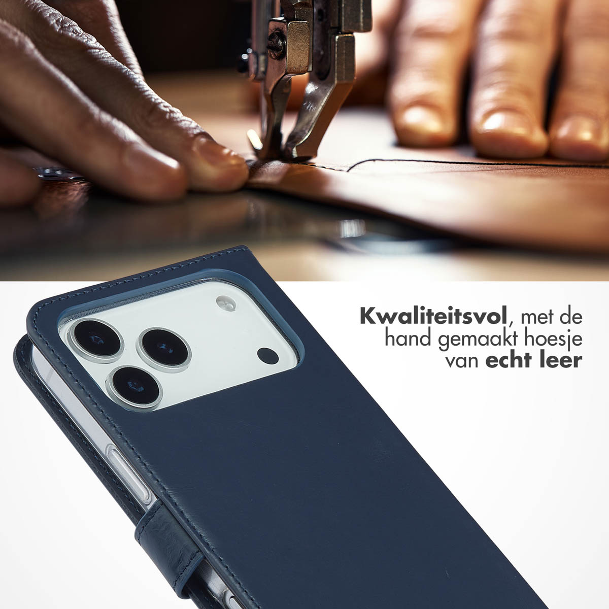 Een blauwe telefoonhoes wordt genaaid. Er zit een telefoon in.