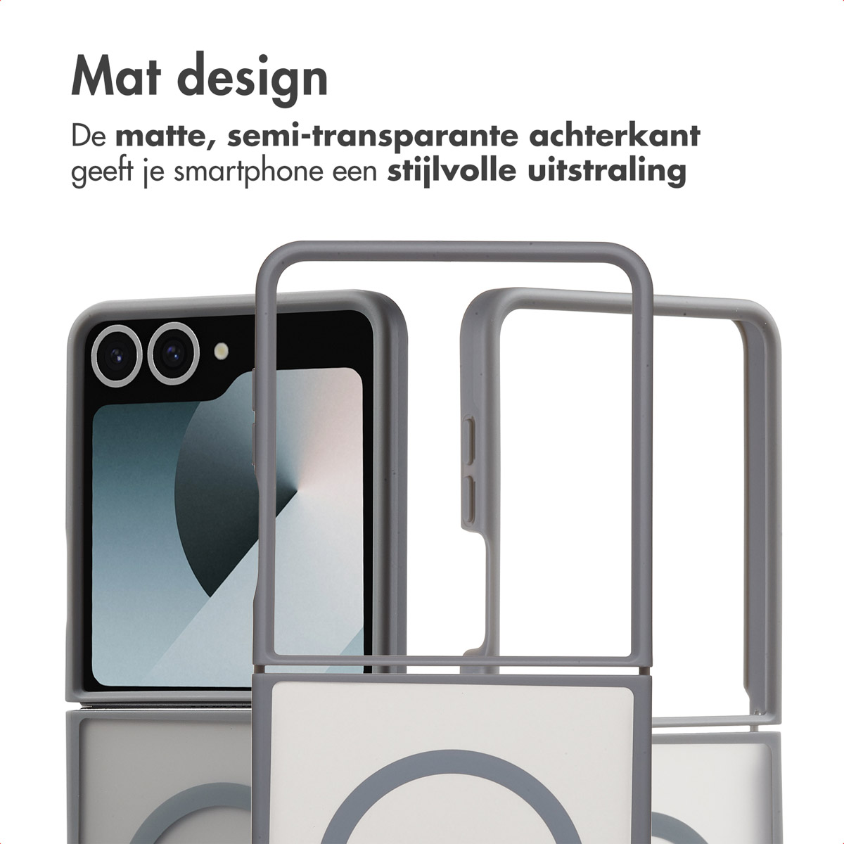 Een grijze telefoonhoes is open en toont de telefoon binnenin. De hoes is mat.