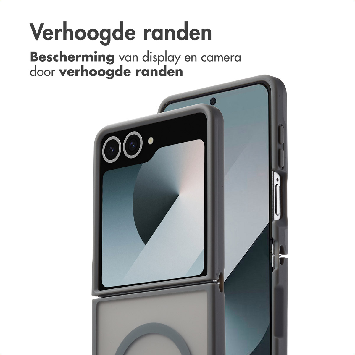 Een grijze telefoonhoes open, met de telefoon erin. De randen zijn verhoogd.