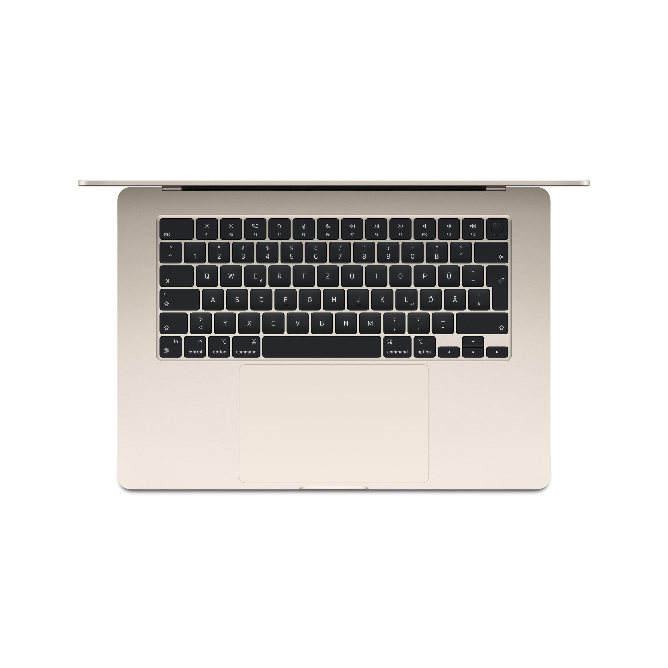 Das Bild zeigt ein goldenes MacBook Air mit schwarzer Tastatur und Trackpad von oben auf weißem Hintergrund.