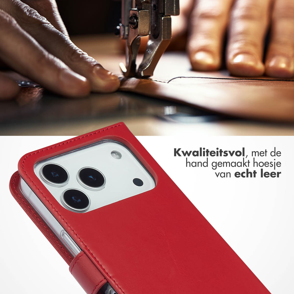 De afbeelding toont een rode lederen portemonneehoes voor een smartphone die wordt vervaardigd met een naaimachine en tekstoverlay.