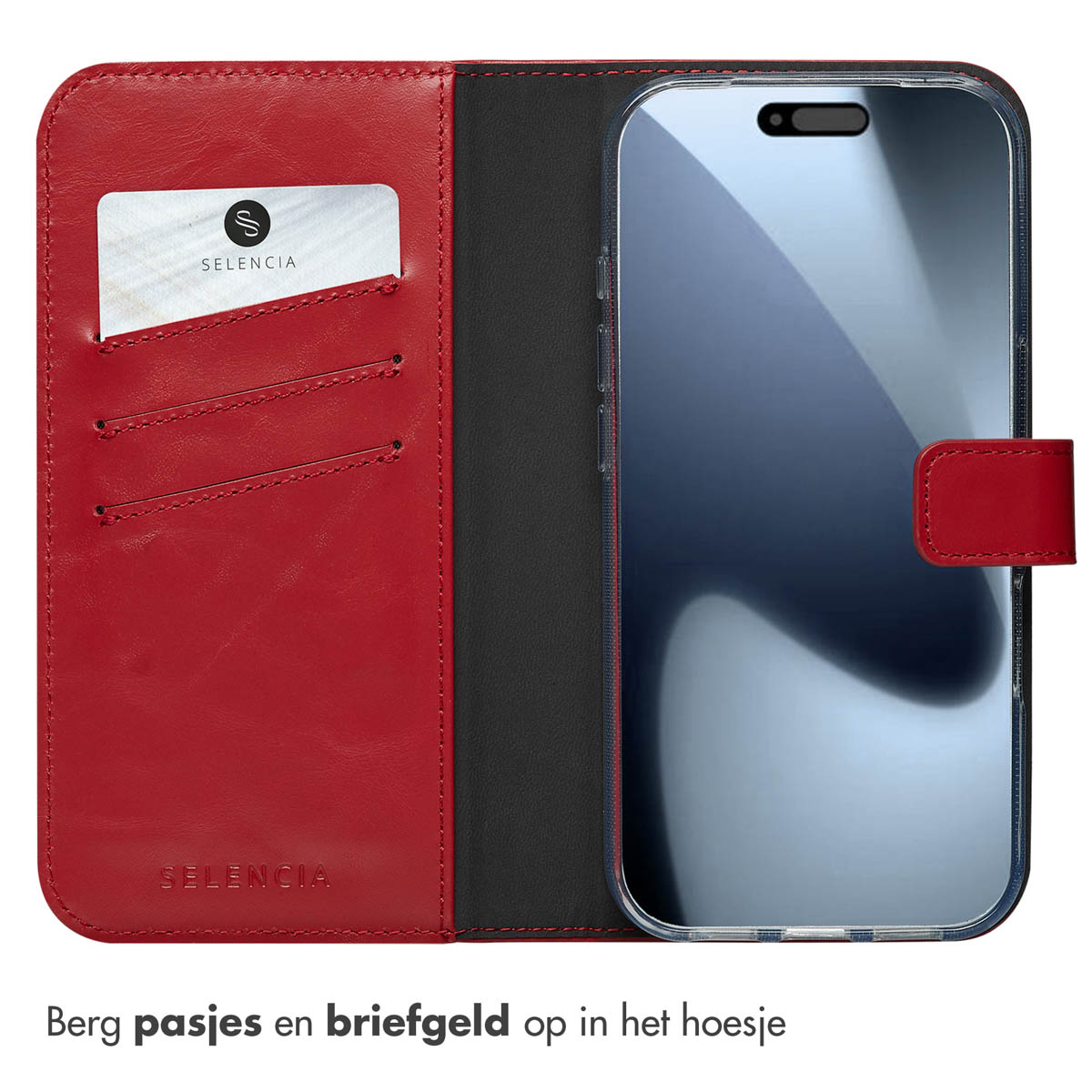 De afbeelding toont een rode portemonneehoes met kaartsleuven naast een smartphone met een donker scherm, tegen een witte achtergrond.