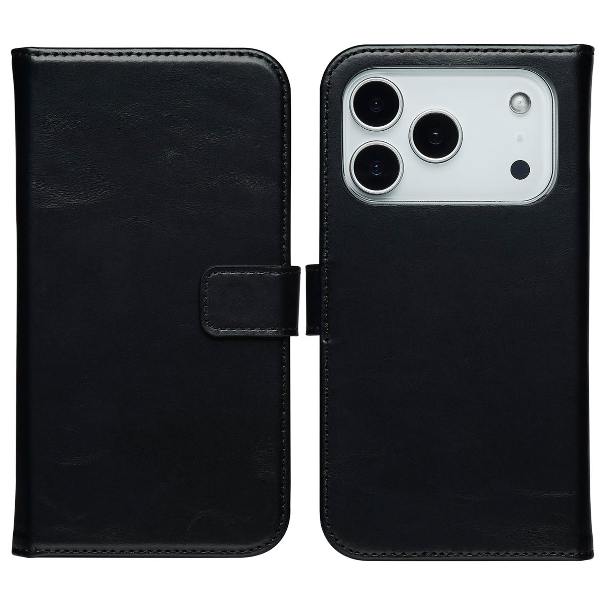 Zwarte leren telefoonhoes, open. Telefoon rechts zichtbaar. Sluiting in het midden.