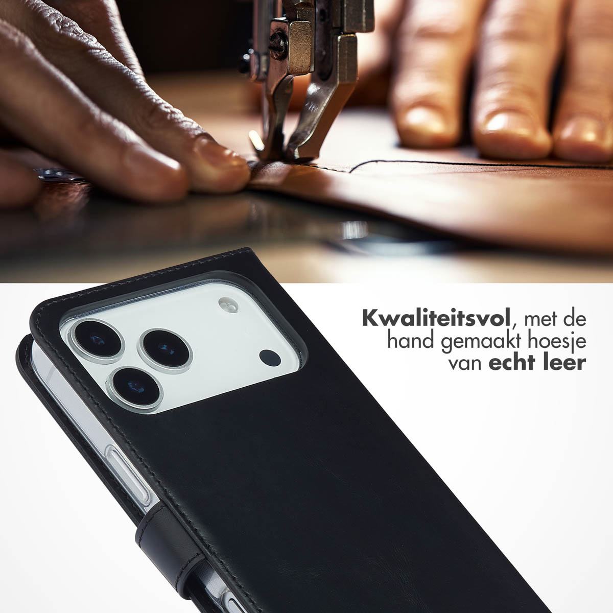 Een hand naait leer met een machine. Een telefoonhoesje staat vooraan.