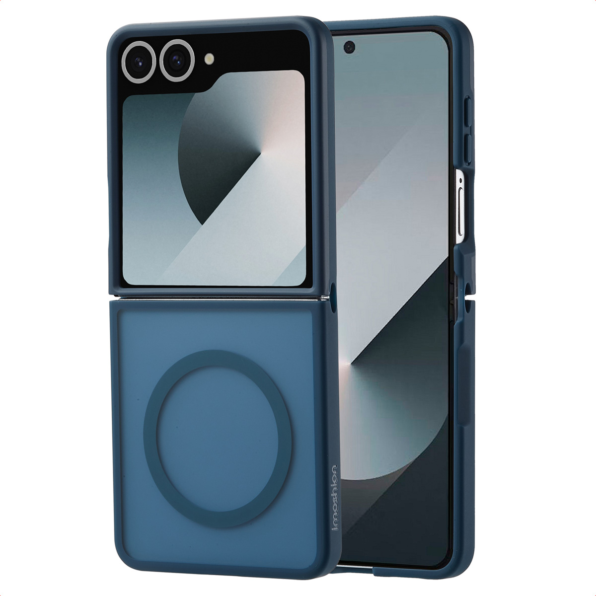 Coque bleue pour téléphone pliable, ouverte. La coque a un cercle au dos.