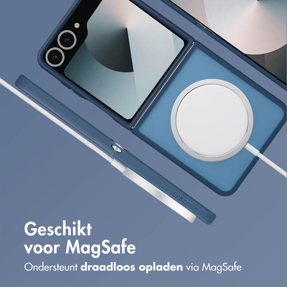 Coque de téléphone bleue avec un chargeur blanc. Le téléphone est pliable.