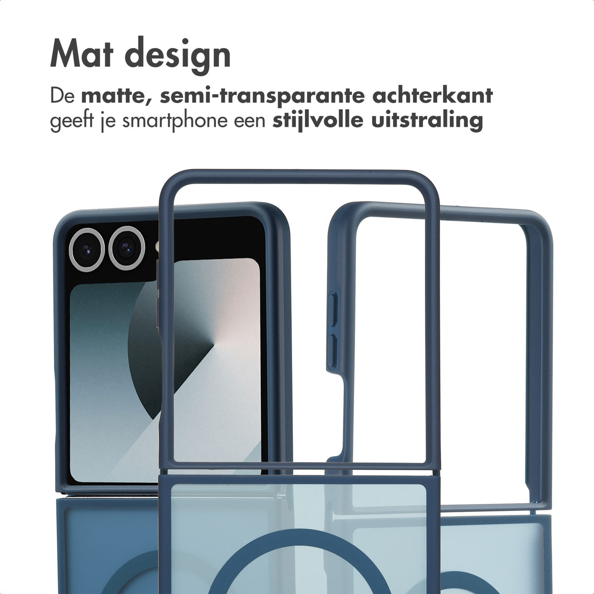 Coque de téléphone bleue pour téléphone pliable, montrant le design mat. Parties séparées.
