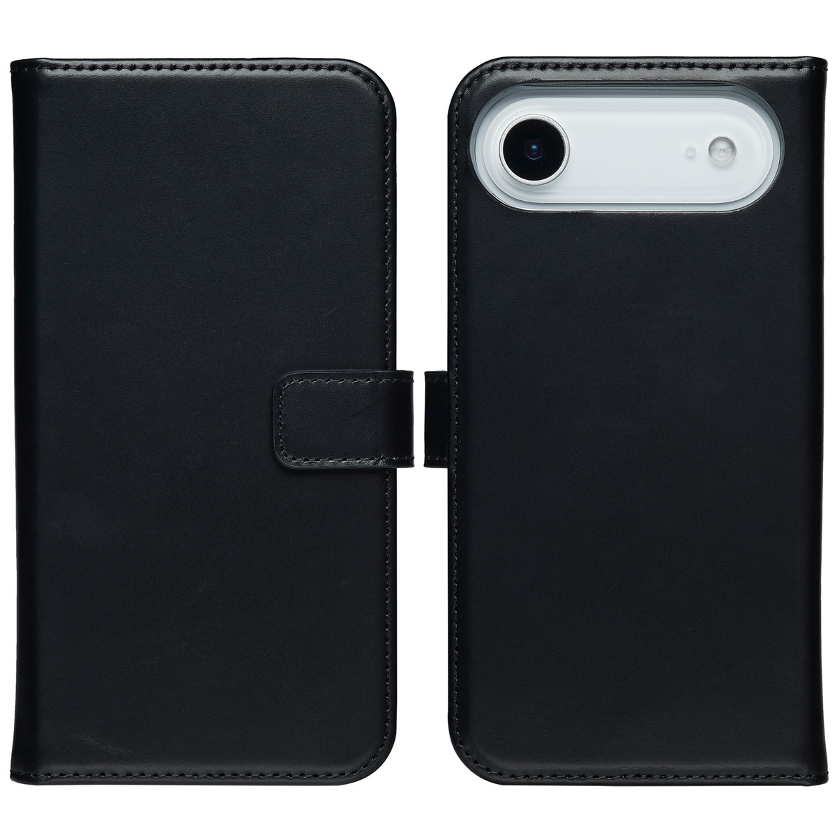 Étui en cuir noir ouvert, le téléphone est à l'intérieur. L'étui a une fermeture à bouton.