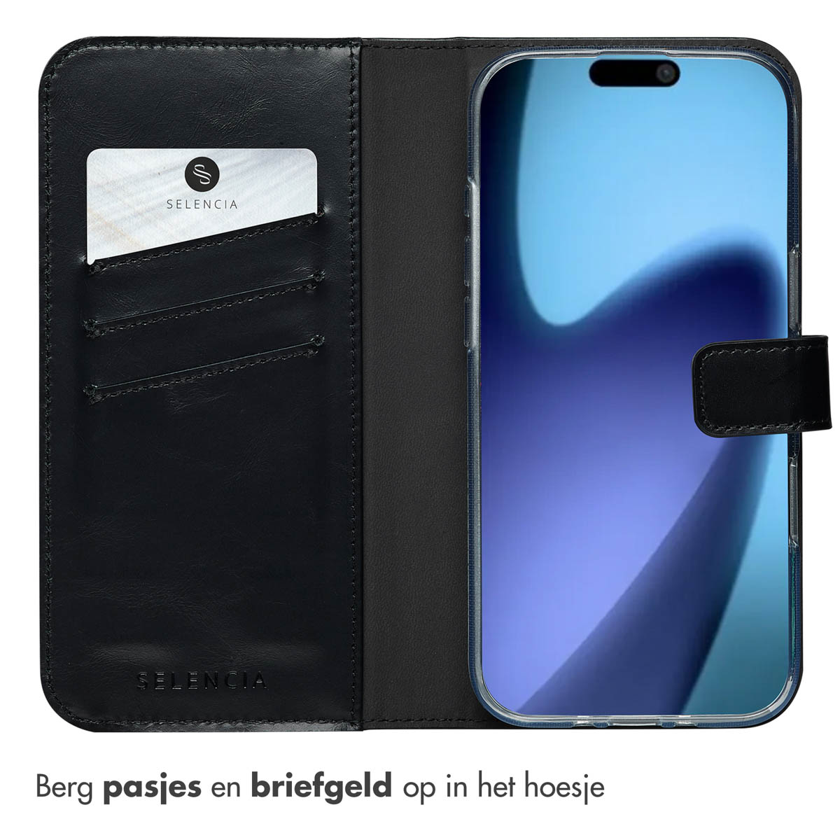 Étui de téléphone en cuir noir ouvert, révélant des emplacements pour cartes et un téléphone.