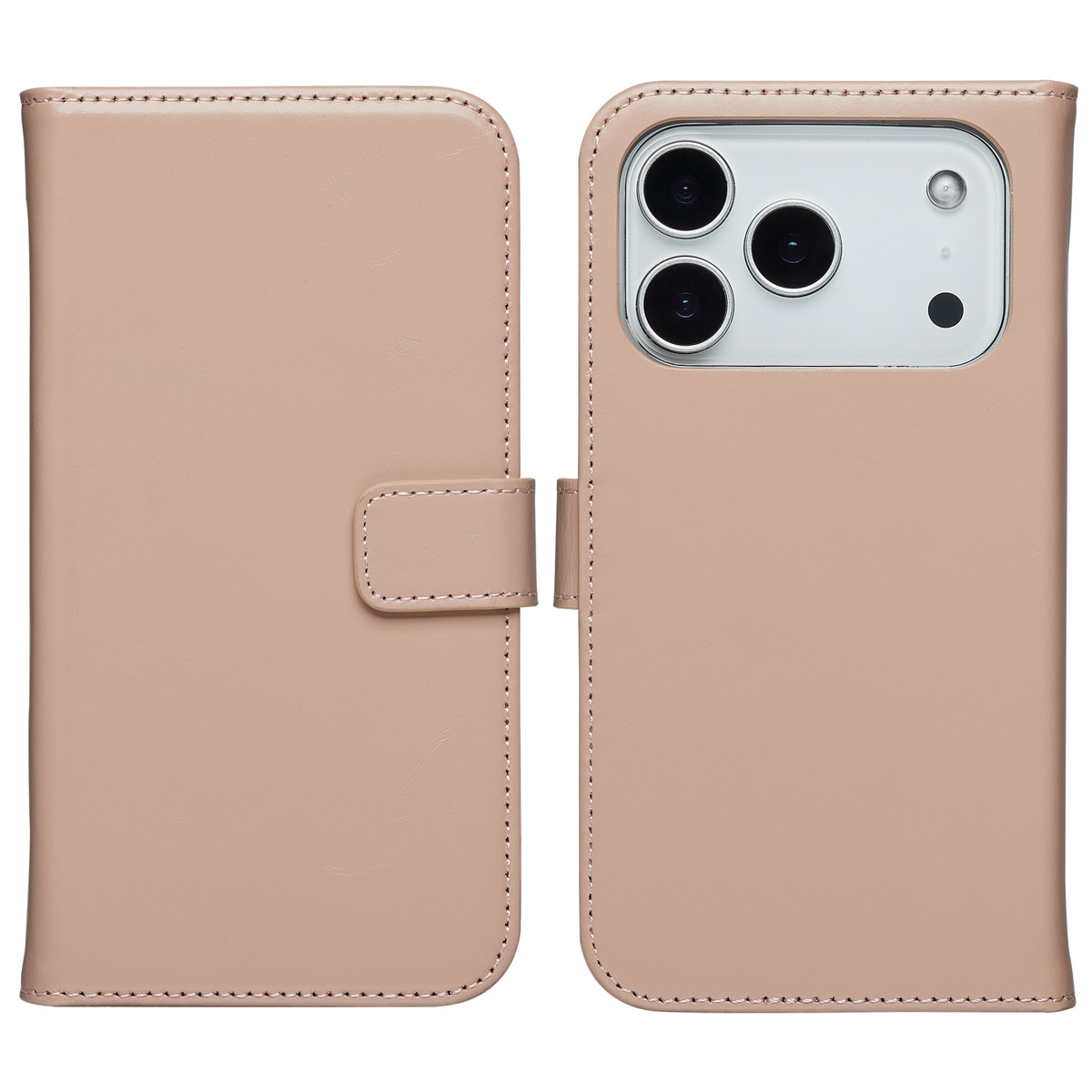 Étui en cuir rose clair ouvert, le téléphone est à l'intérieur. L'étui a une fermeture.