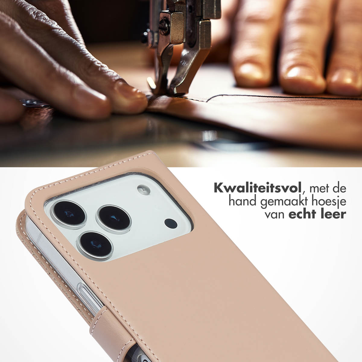 Gros plan d'un étui de téléphone en cuir avec une machine à coudre piquant des détails en arrière-plan.