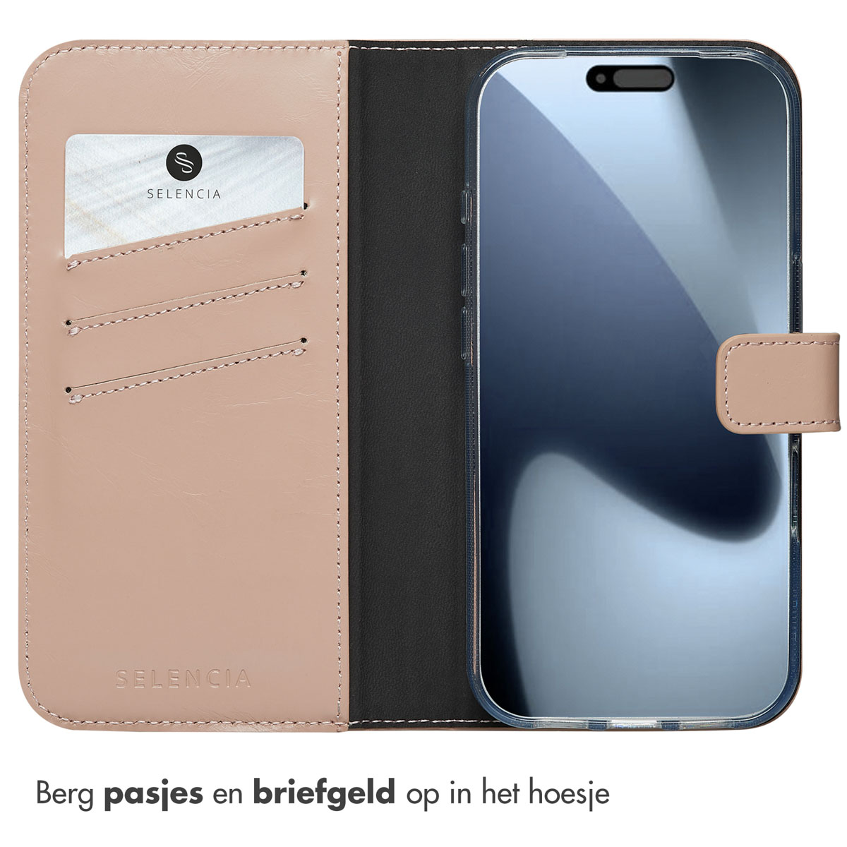 Étui de téléphone en cuir ouvert avec des fentes pour cartes et un support de téléphone transparent affichant un écran bleu.