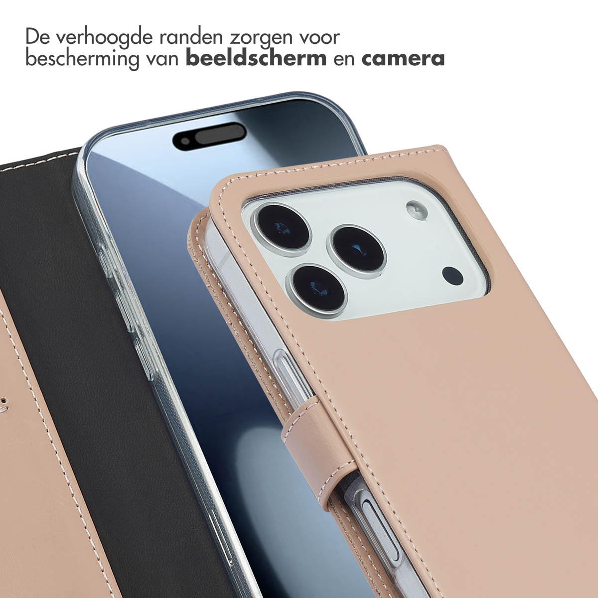 Gros plan d'un étui de téléphone en cuir beige montrant la protection de l'appareil photo et de l'écran.
