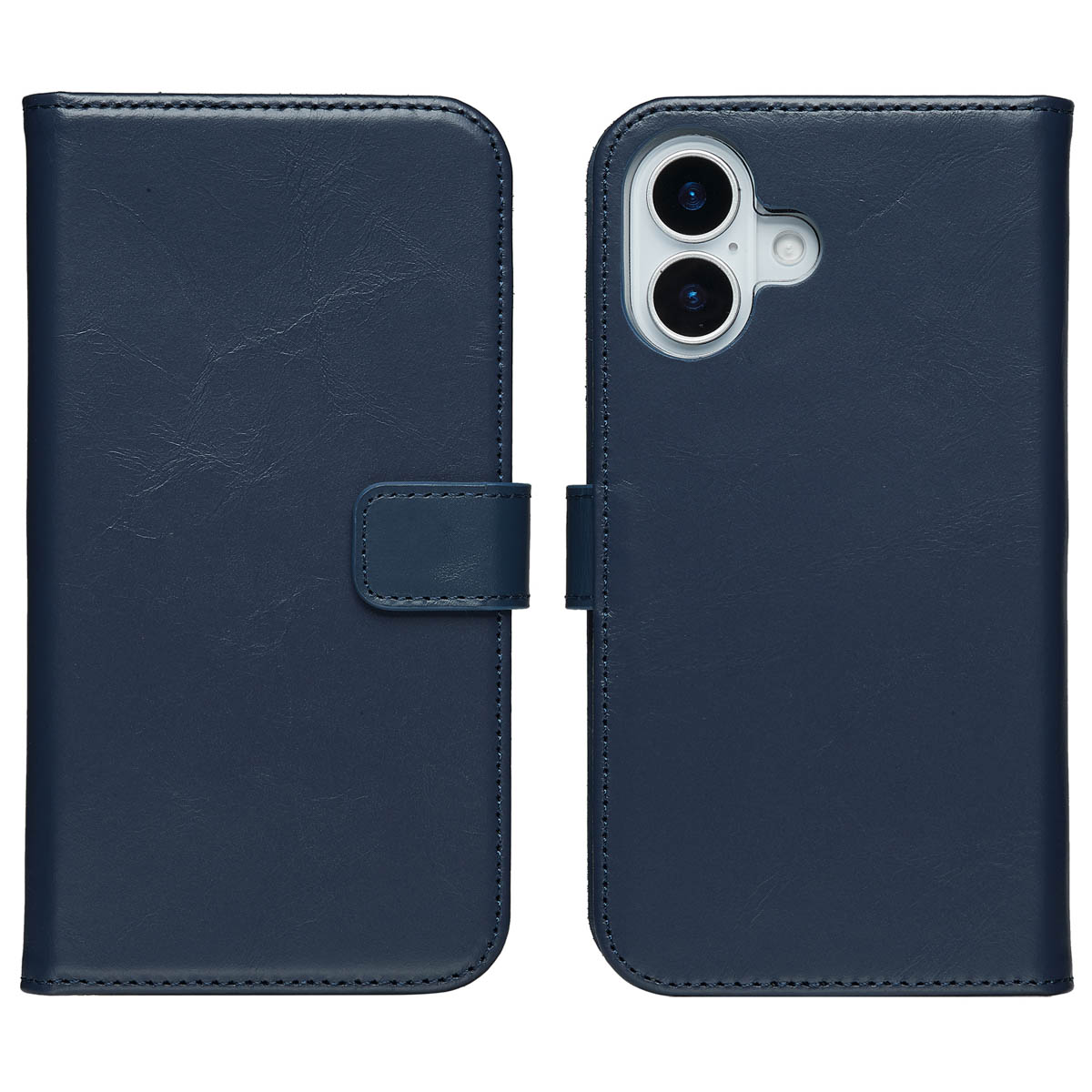 Een marineblauwe leren telefoonhoes, open om de telefoon en kaartsleuven te laten zien.