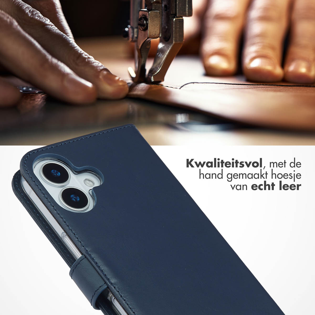 Close-up van een marineblauwe leren telefoonhoes, met een naaimachine die leer stikt op de achtergrond.