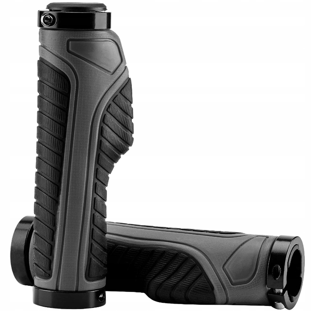 Dwa szare i czarne uchwyty kierownicy, pokazujące teksturowaną powierzchnię i czarny pierścień na końcu.