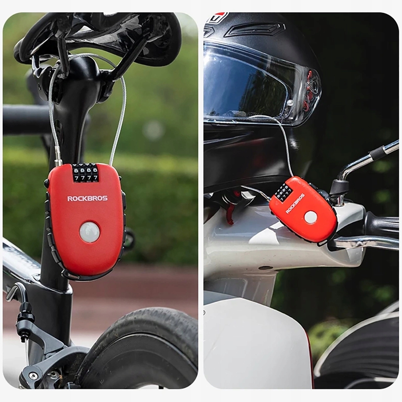 Zwei Bilder nebeneinander, die ein rotes Zahlenschloss zeigen, das an einem Fahrrad und einem Helm befestigt ist.