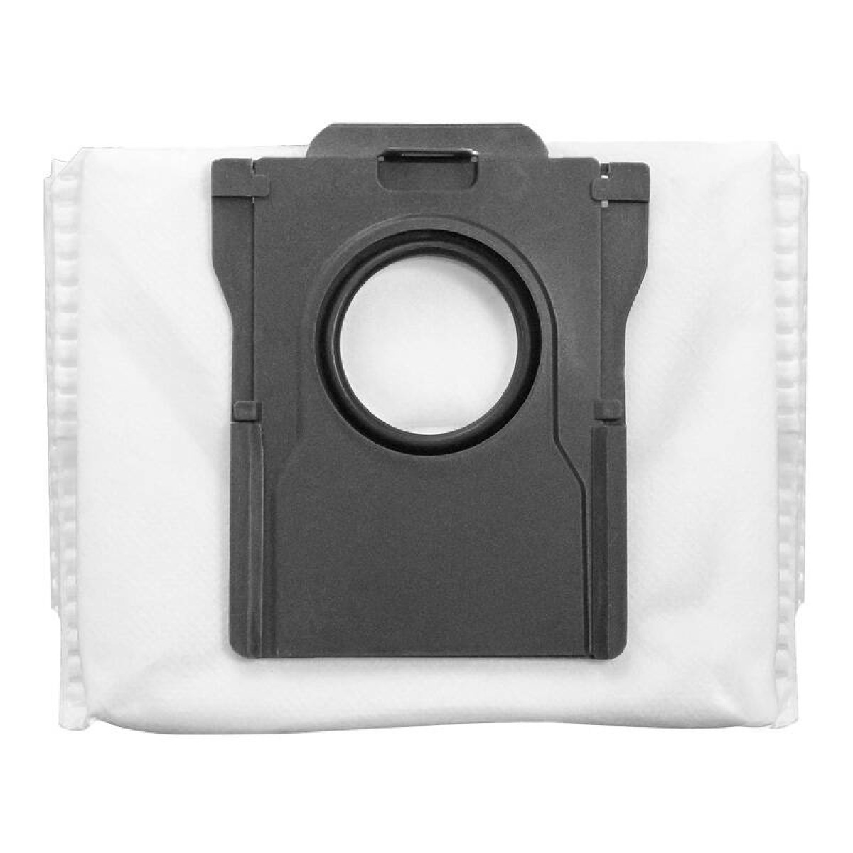 Una bolsa de aspiradora nueva. Es blanca con un accesorio de plástico gris.