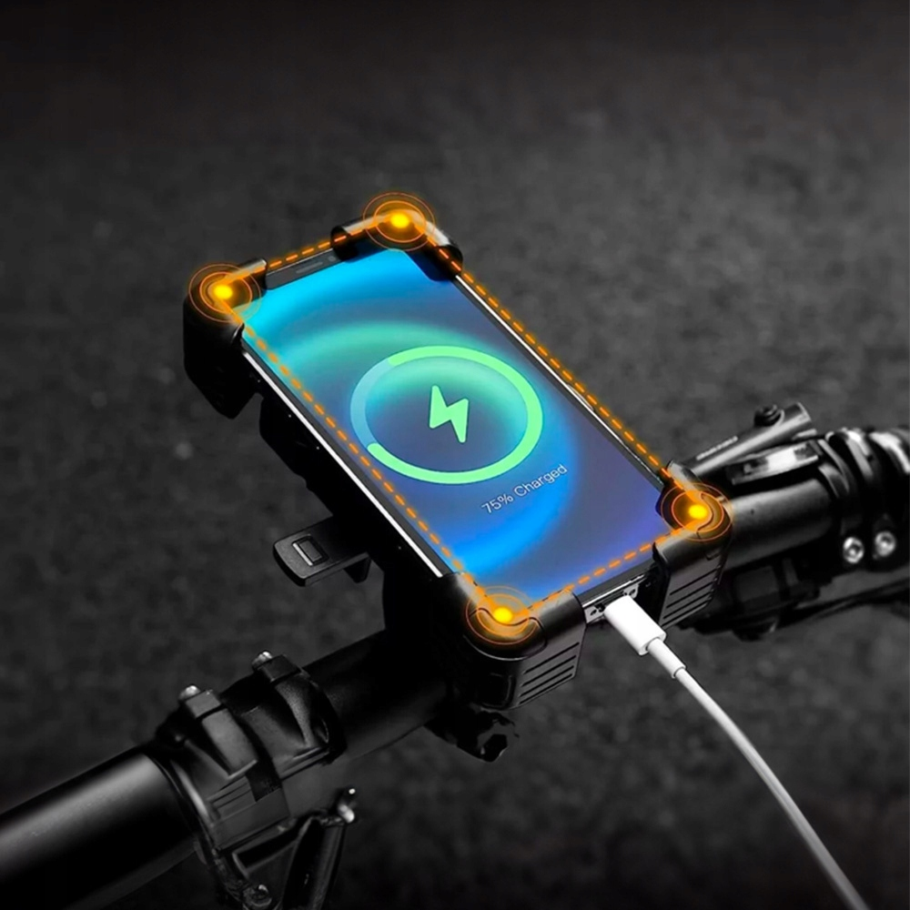 Een smartphone bevestigd in een zwarte fietshouder, met een oplaadscherm met een batterij die voor 75% is opgeladen.