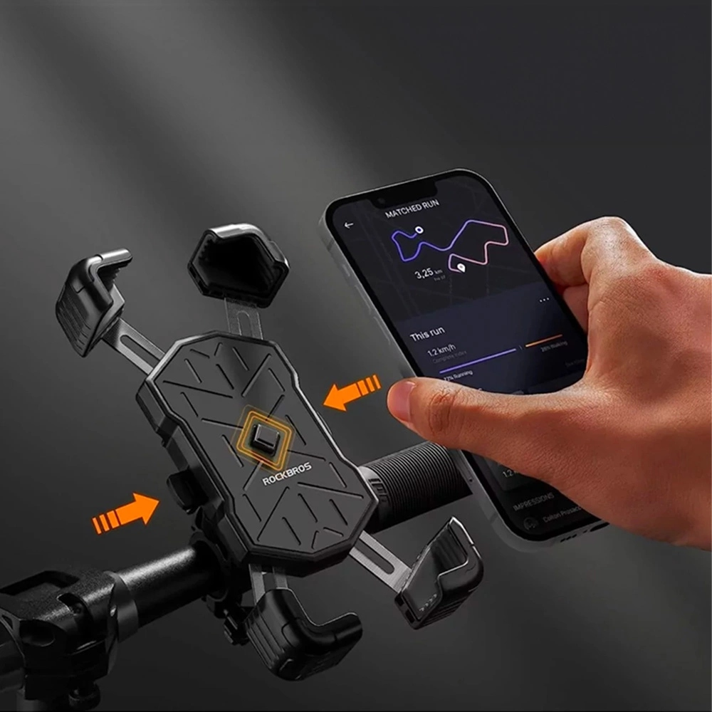 Een smartphone gemonteerd op een fietsstuur, met een hardloop-app, naast een verstelbare telefoonhouder.