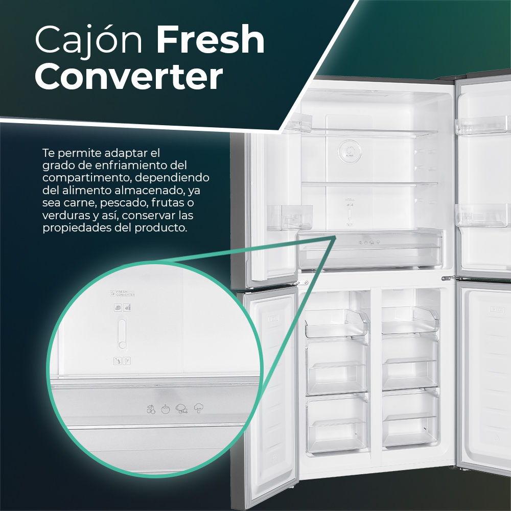 Interior de nevera abierto con estantes, un cajón 'Fresh Converter'.