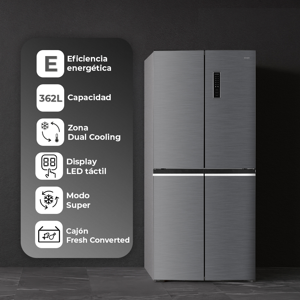 Un refrigerador gris se encuentra junto a un gráfico que explica sus características, como la eficiencia energética y la refrigeración dual.