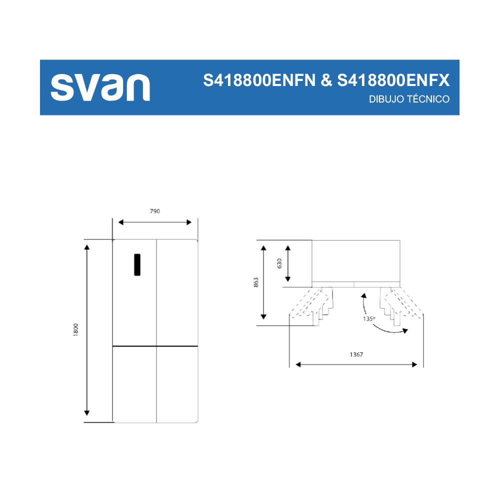 Dibujo técnico de un refrigerador Svan S418800ENFN & S418800ENFX, que muestra dimensiones y detalles de diseño.