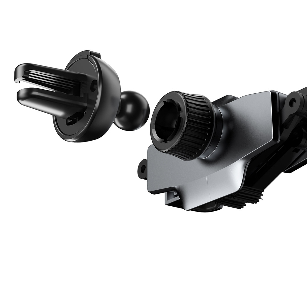 Obraz przedstawia części uchwytu samochodowego do telefonu, w tym klips wentylacyjny i elementy montażowe.