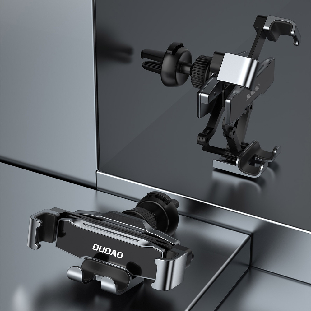 Obraz przedstawia uchwyt samochodowy do telefonu "DUDAO", którego części są wyświetlane na odblaskowej powierzchni.