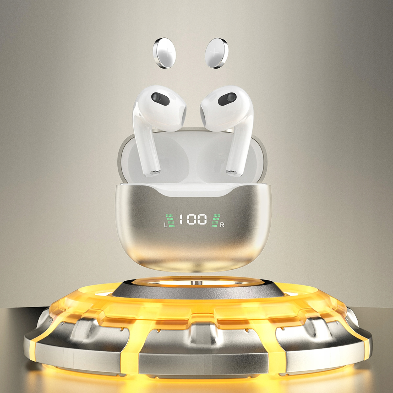 Słuchawki i etui ładujące z podświetlaną podstawą, białe słuchawki, etui pokazuje 100%.
