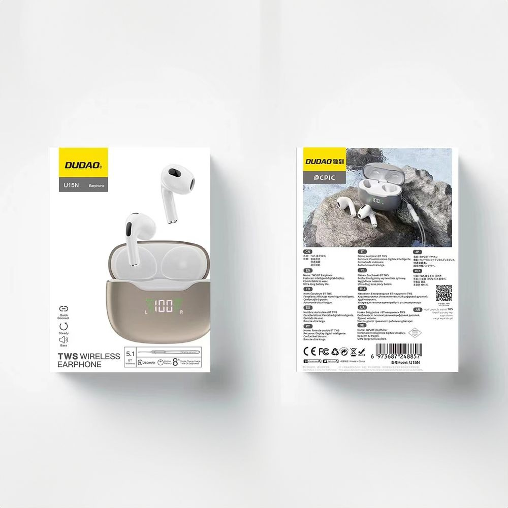 Pudełko ze słuchawkami z etui ładującym i dwoma słuchawkami, informacje i szczegóły na pudełku.