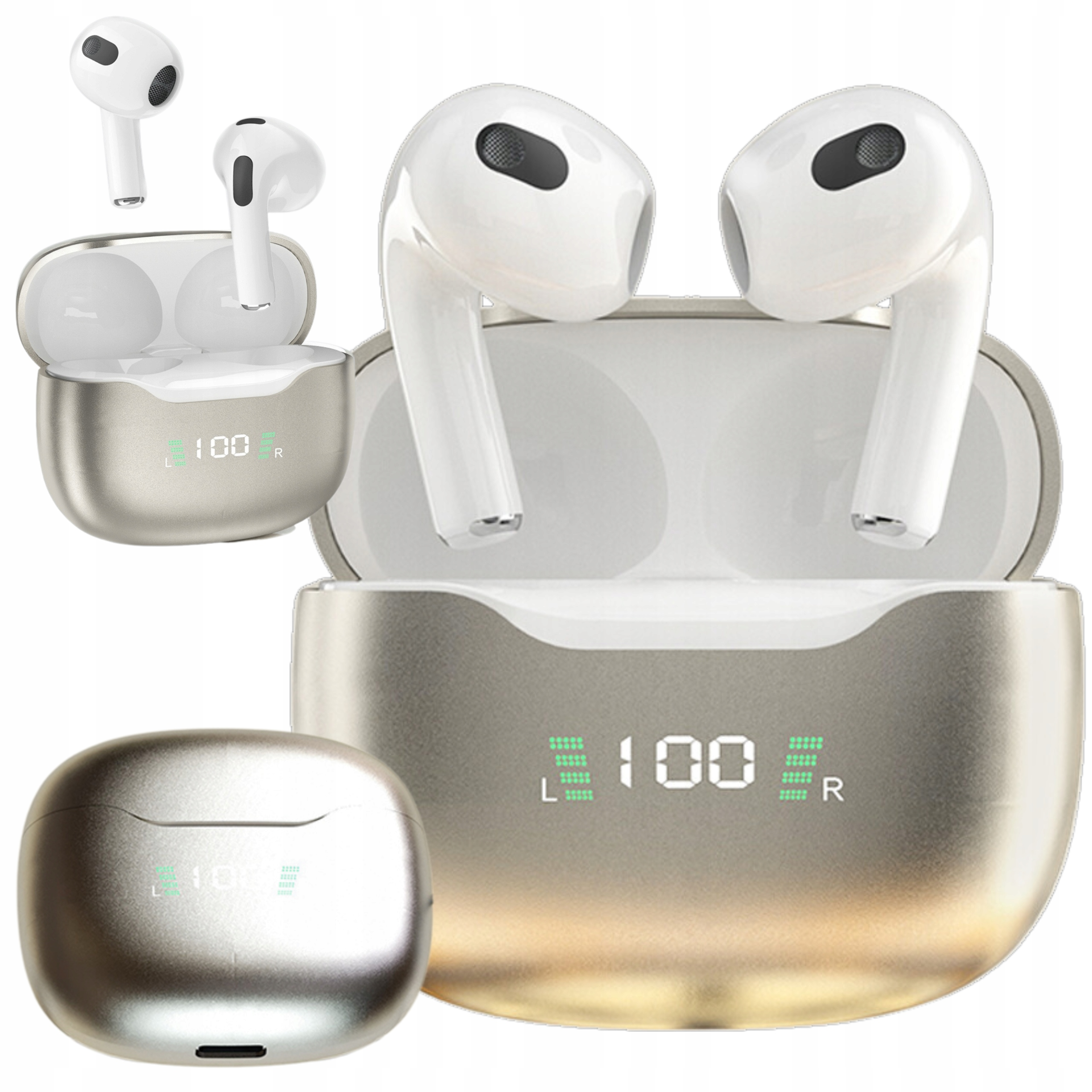 Słuchawki, etui ładujące, z wyświetlaczem pokazującym 100%. Widoczna jest również odłączona słuchawka.
