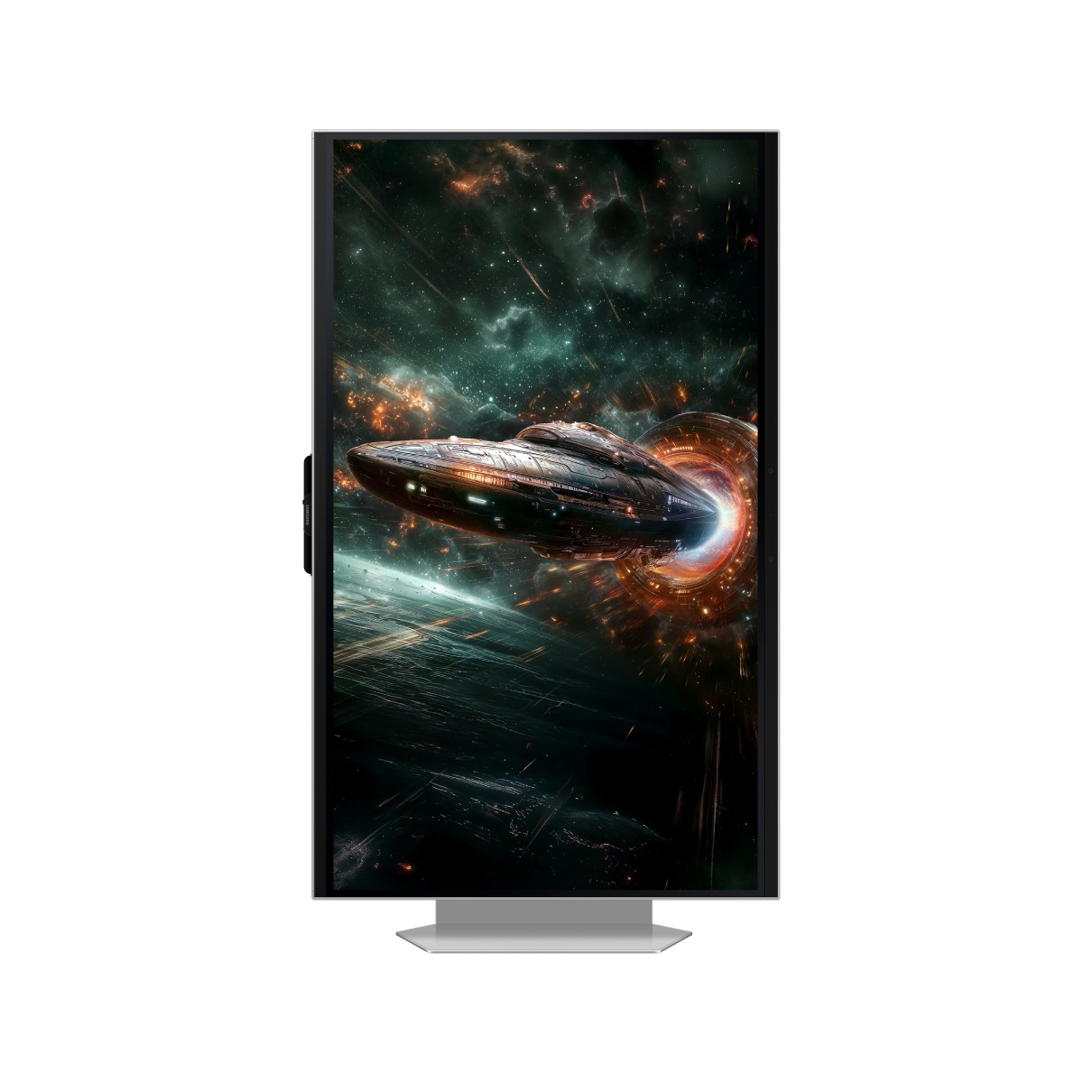 Ein Monitor mit einem Raumschiff im Weltraum. Der Monitor ist schwarz mit silbernem Ständer.