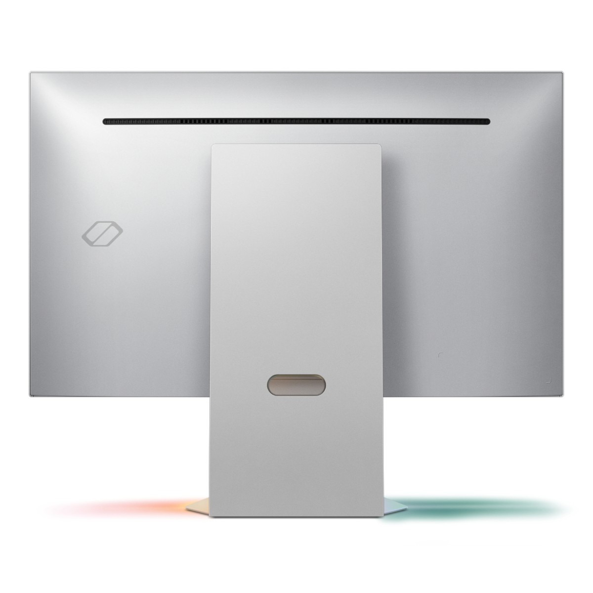 Die Rückseite eines Computermonitors, silberfarben mit Ständer und farbigem Licht an der Basis.