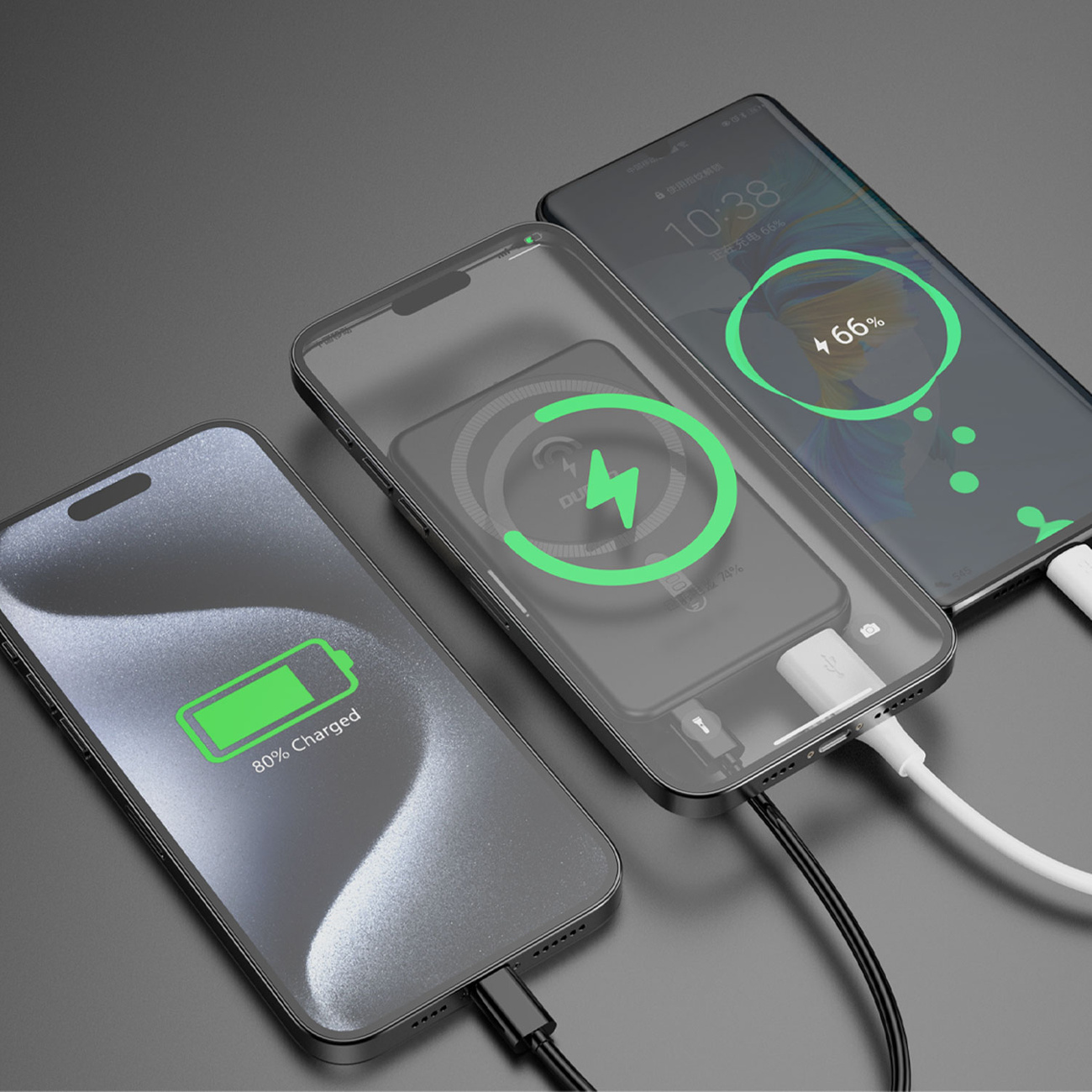 Półprzezroczysty power bank ładujący trzy telefony, z których każdy pokazuje inny poziom naładowania.