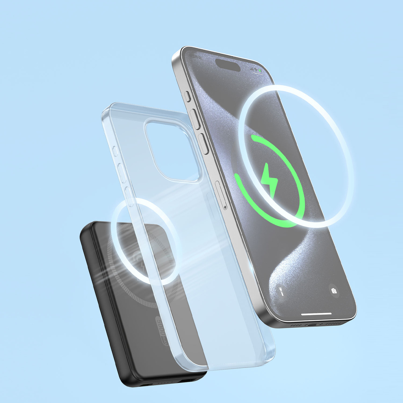 Czarny power bank i telefon z etui, oba ładujące się bezprzewodowo, na niebieskim tle.