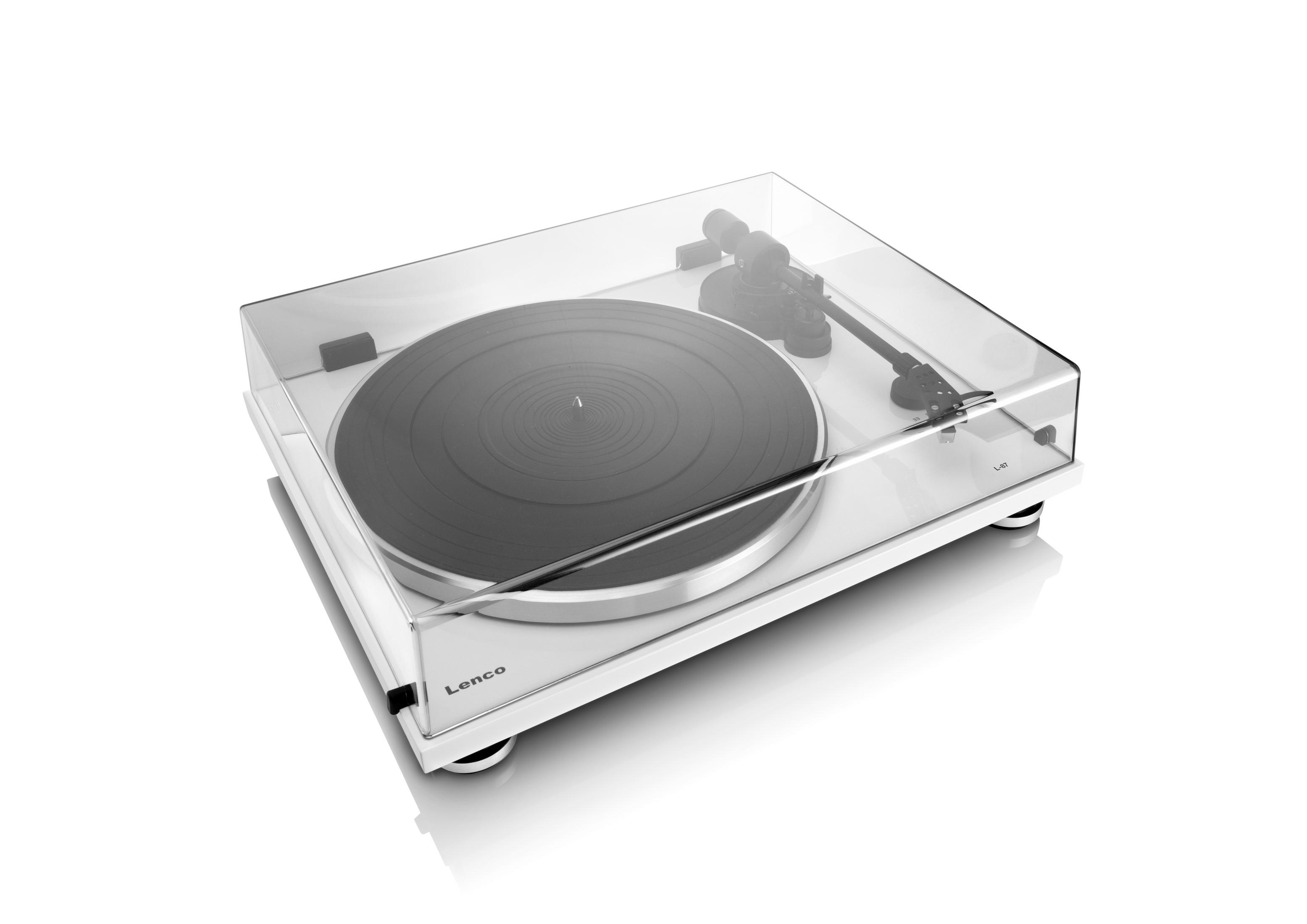 Une platine vinyle blanche Lenco avec un couvercle transparent fermé et un disque noir sur fond blanc.