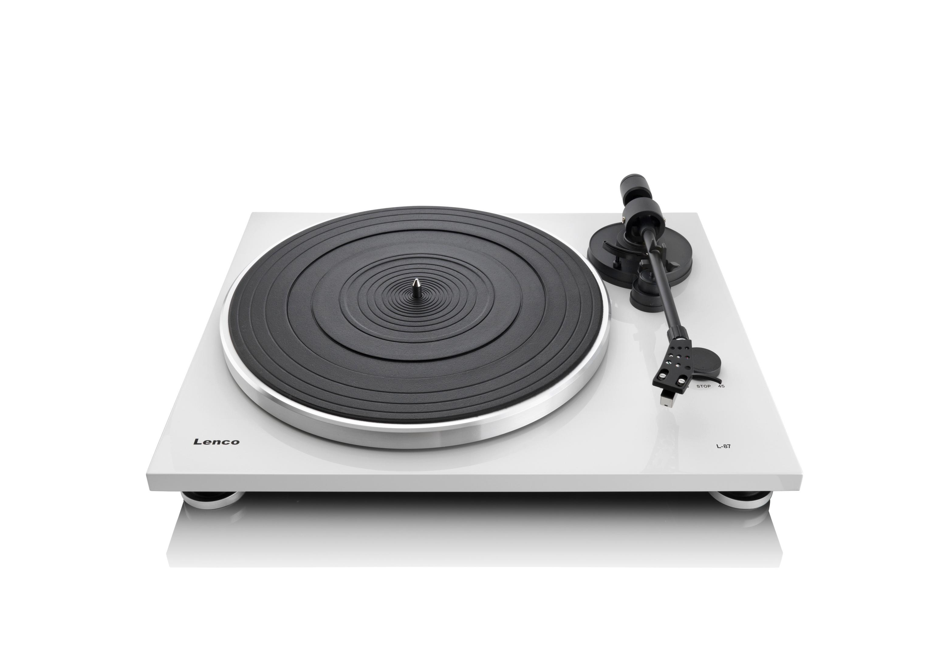 Une platine vinyle blanche Lenco avec un disque noir sur fond blanc.