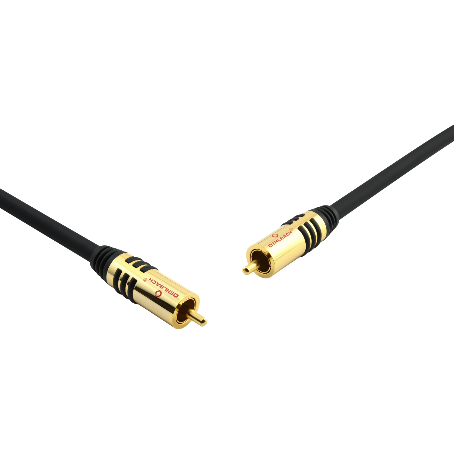 Schwarzes Audiokabel mit Goldsteckern. Das Kabel befindet sich auf schwarzem Hintergrund.