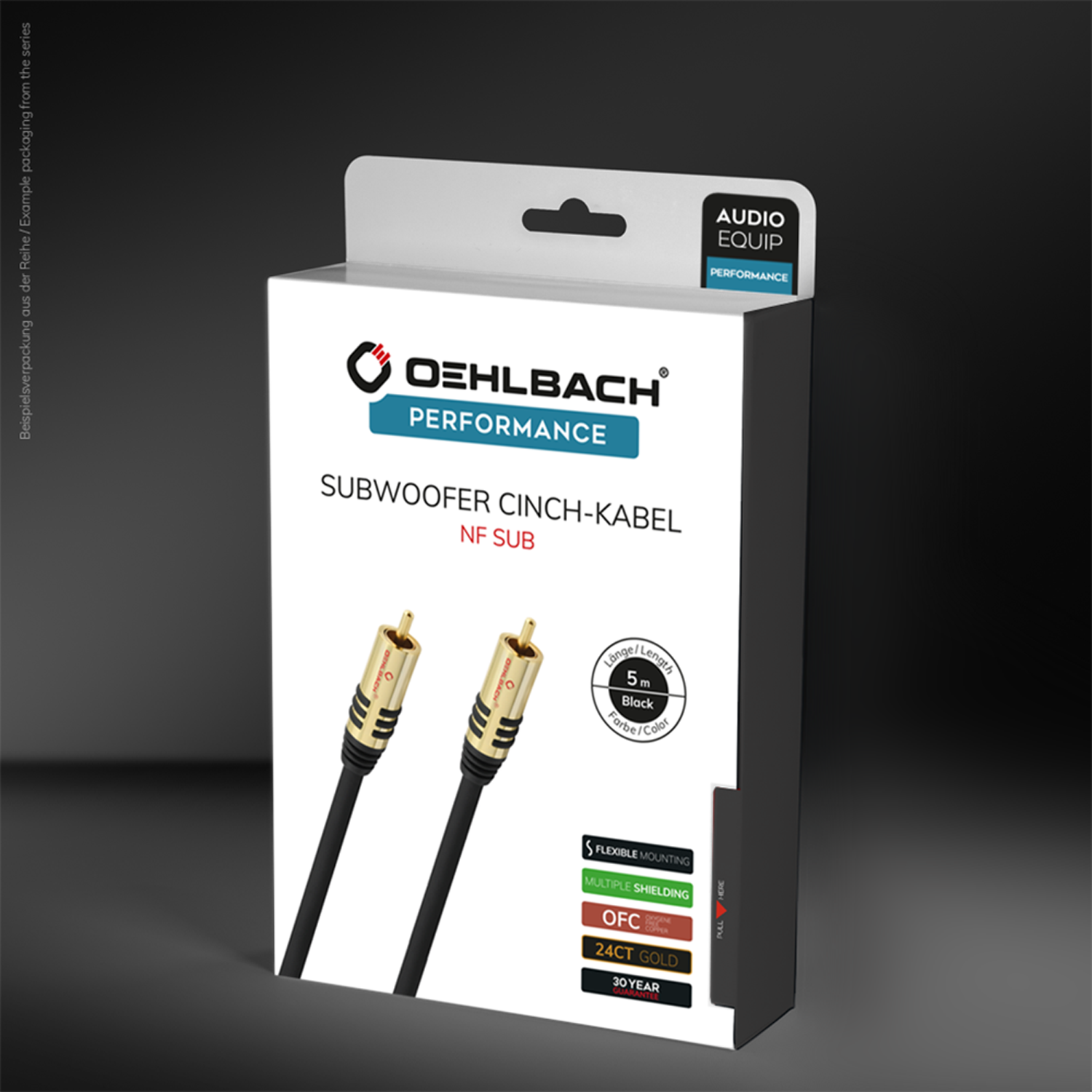 Box mit Subwoofer-Kabeln. Schwarze Kabel mit Goldsteckern. Text: Oehlbach Performance, Subwoofer Cinch-Kabel, NF SUB.