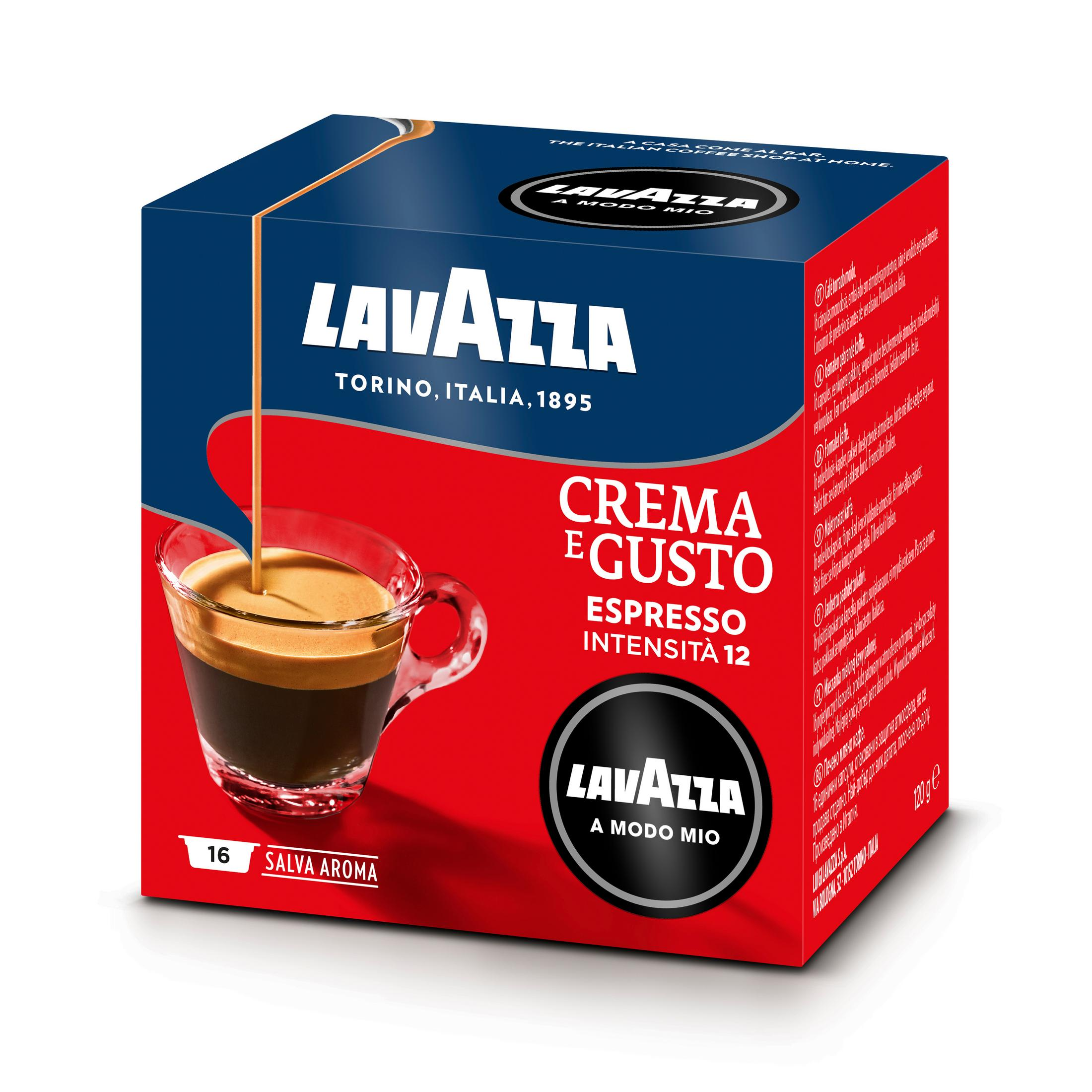 Scatola di caffè Lavazza. Scatola rossa con una tazza di caffè. Testo: Crema e Gusto Espresso Intensità 12, Lavazza.