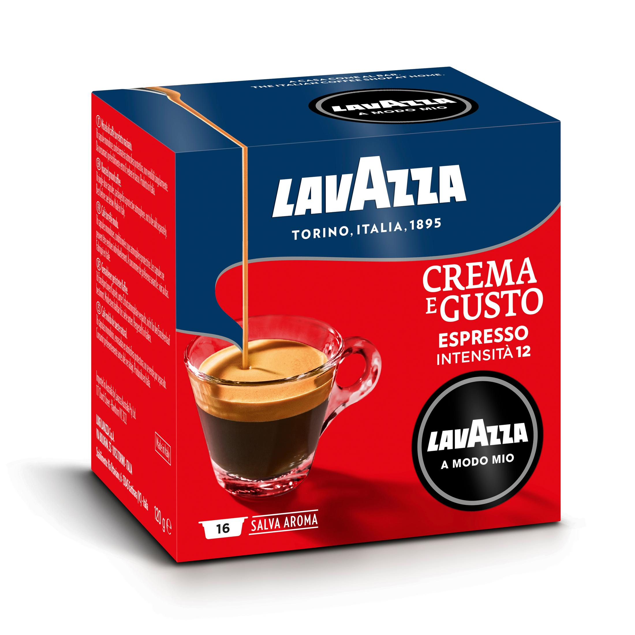 Scatola di caffè Lavazza. Scatola rossa e blu con una tazza di caffè. Testo: Crema e Gusto Espresso Intensità 12, Lavazza.