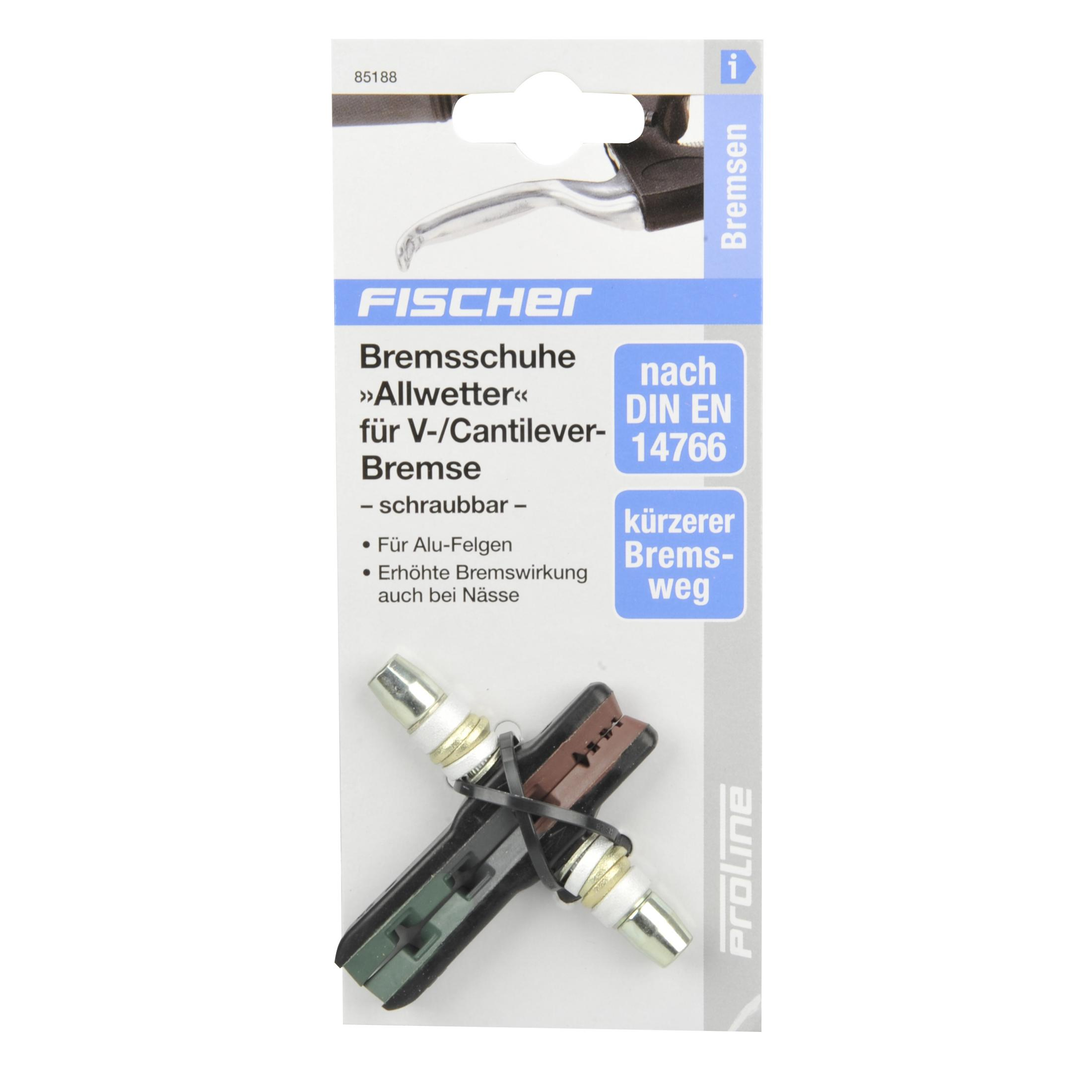 Verpackte Fahrradbremsbeläge mit einem Fischer-Markenetikett, das die Produkteigenschaften hervorhebt.