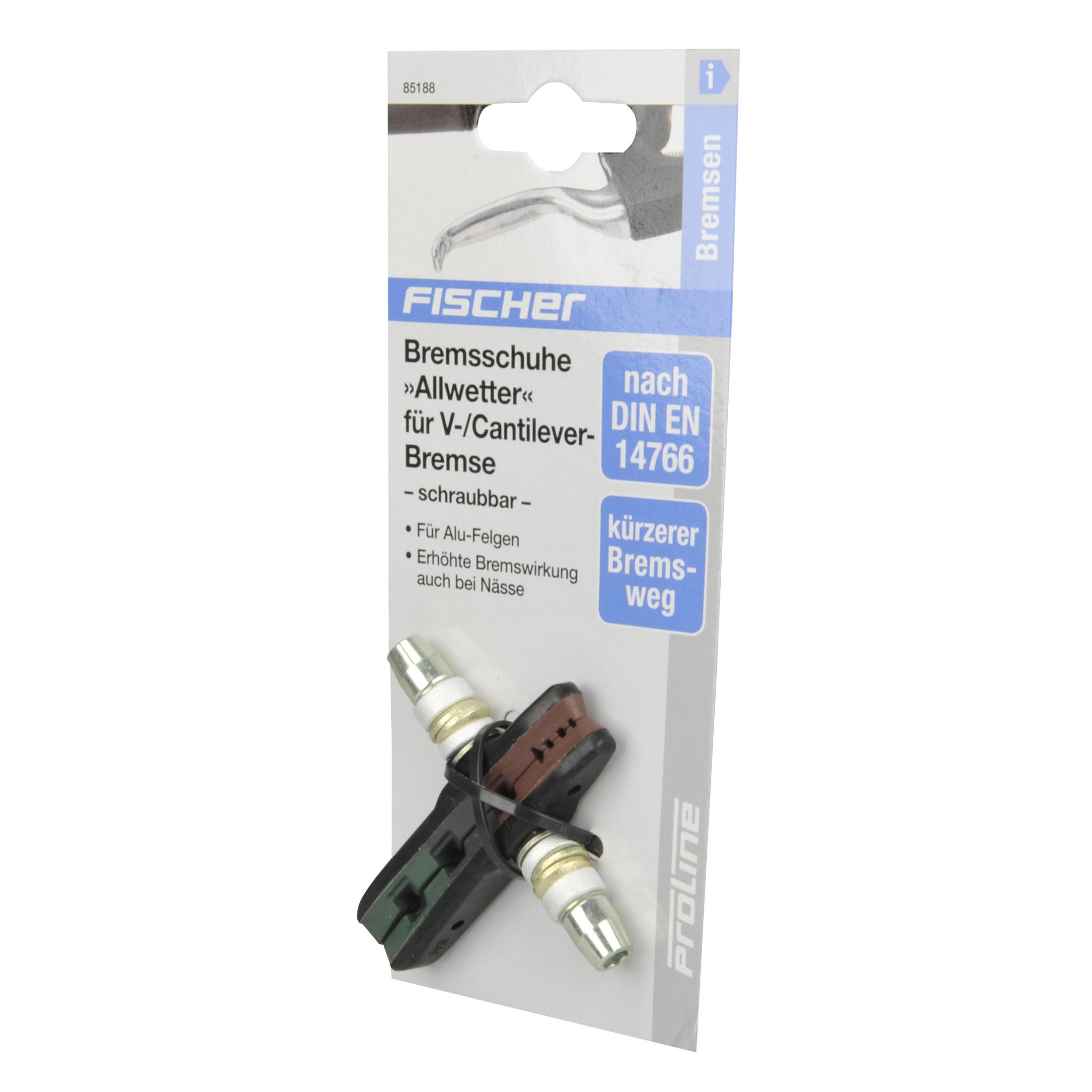 Verpackte Fahrradbremsbeläge mit einem Fischer-Markenetikett, das die Produkteigenschaften hervorhebt.