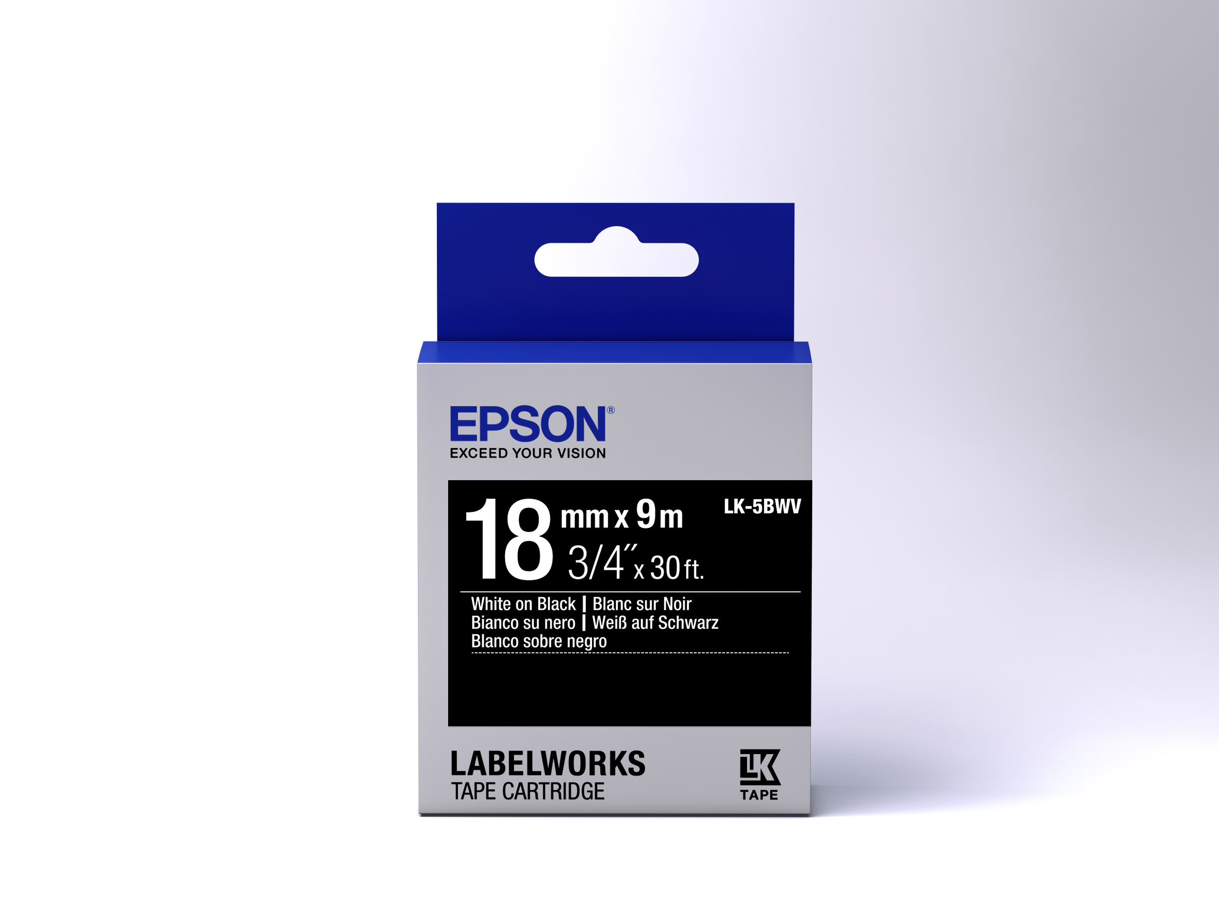 Epson LabelWorks-Bandkassette in einer blau-weißen Schachtel mit schwarzem Text auf weißem Hintergrund.