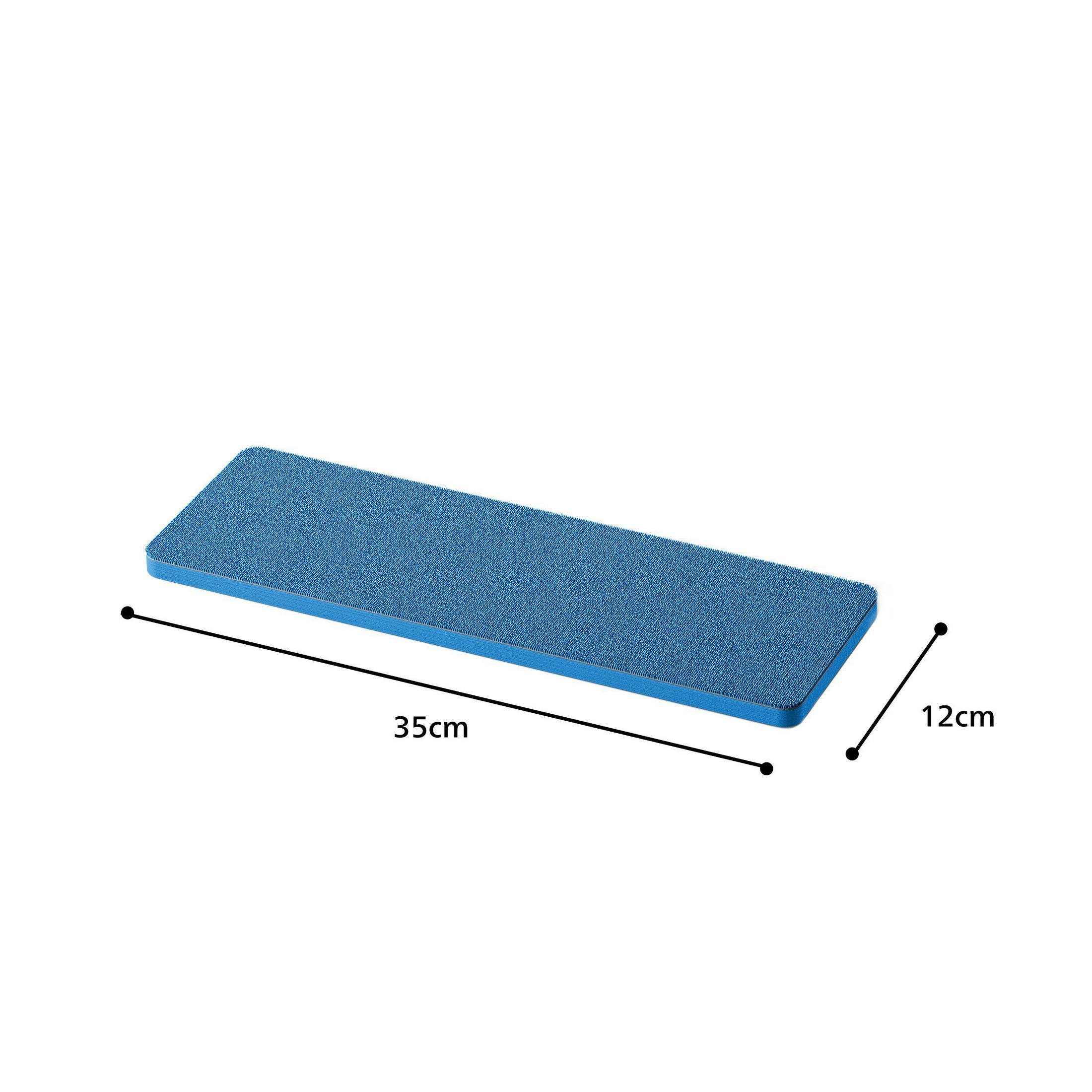 Panno per la pulizia rettangolare blu con dimensioni. È lungo 35 cm e largo 12 cm.