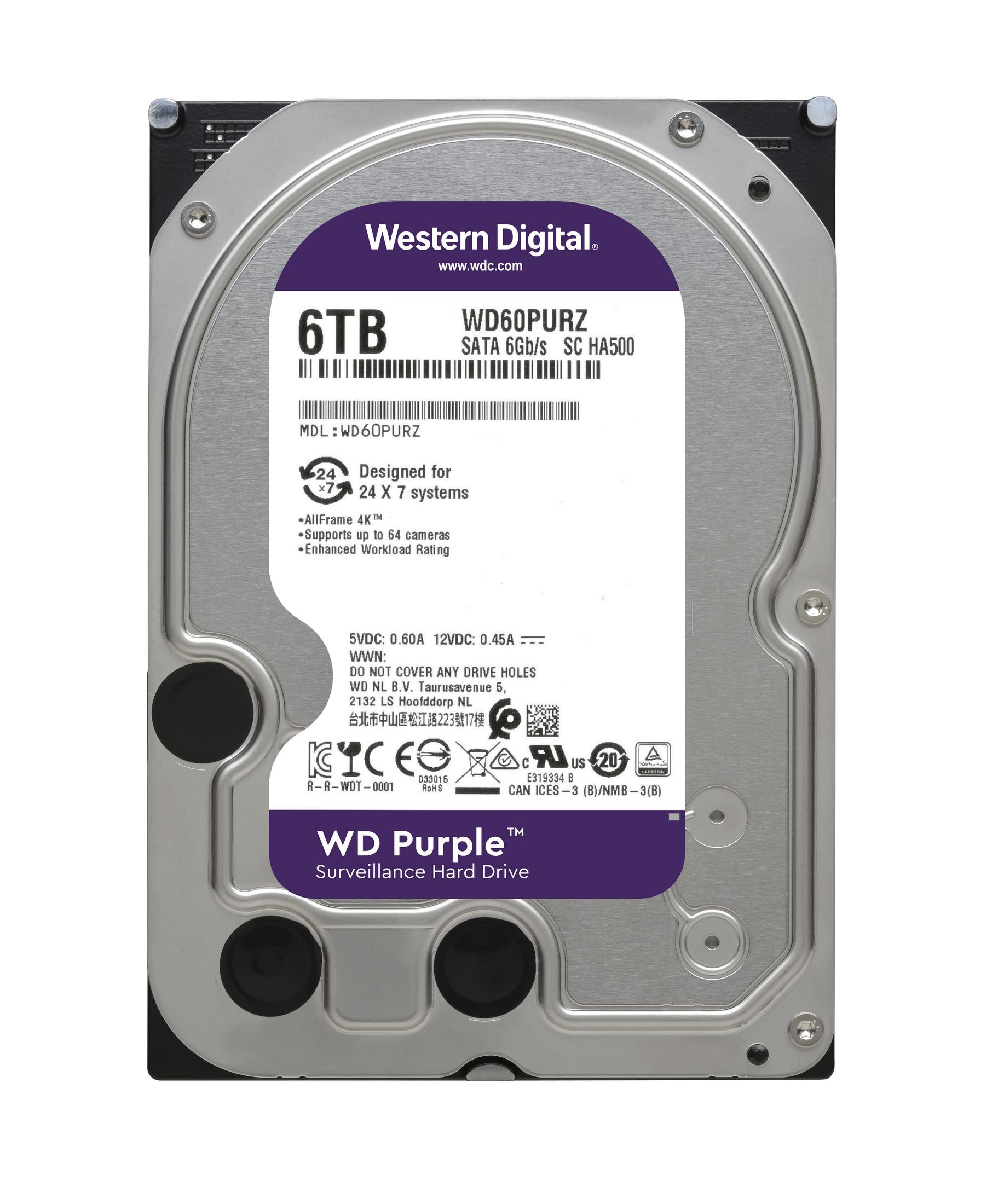 Un disco rigido Western Digital da 6 TB, etichetta viola, con testo e specifiche.