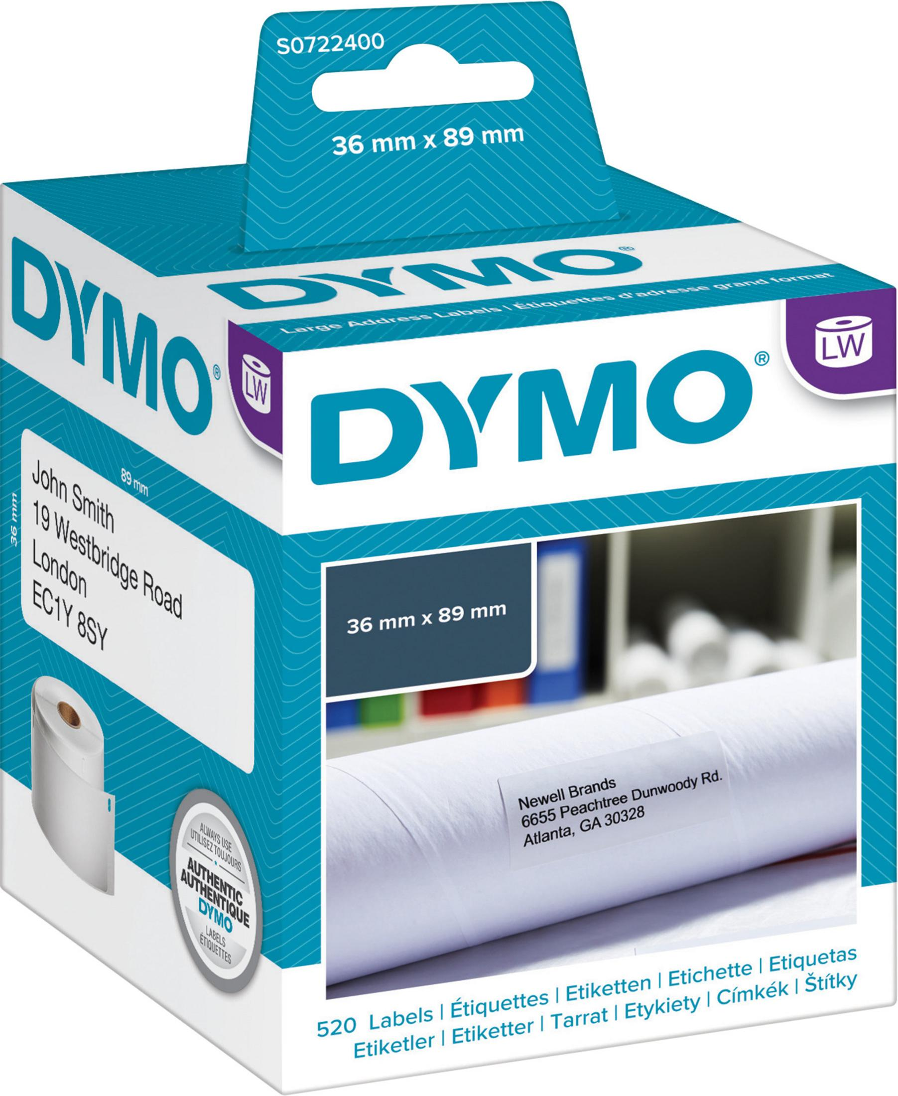 Eine blaue und weiße Dymo-Etikettenbox mit Adressetiketten und einer Rolle.