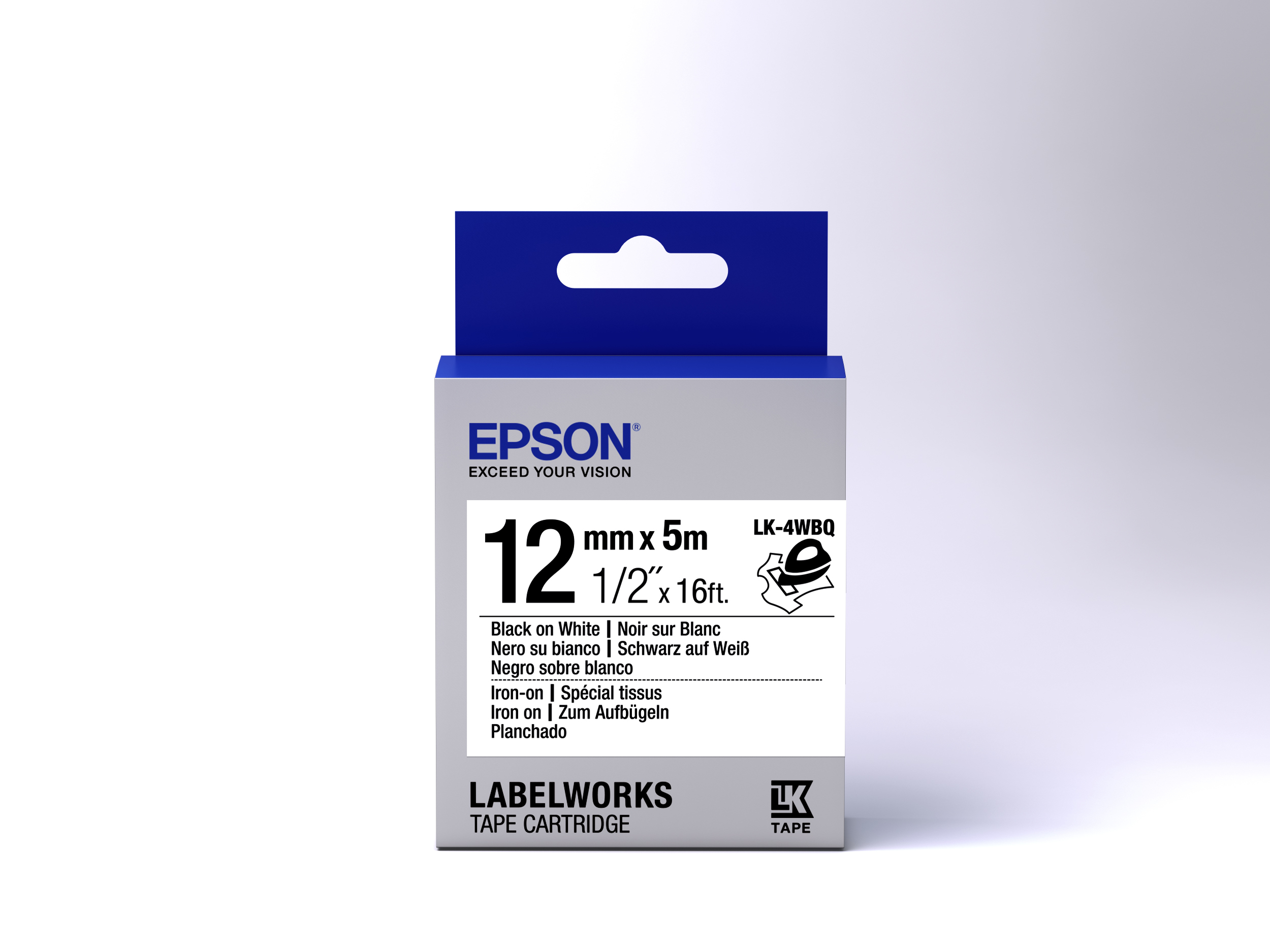 Eine Epson LabelWorks-Bandkassette in blau-weißer Verpackung.